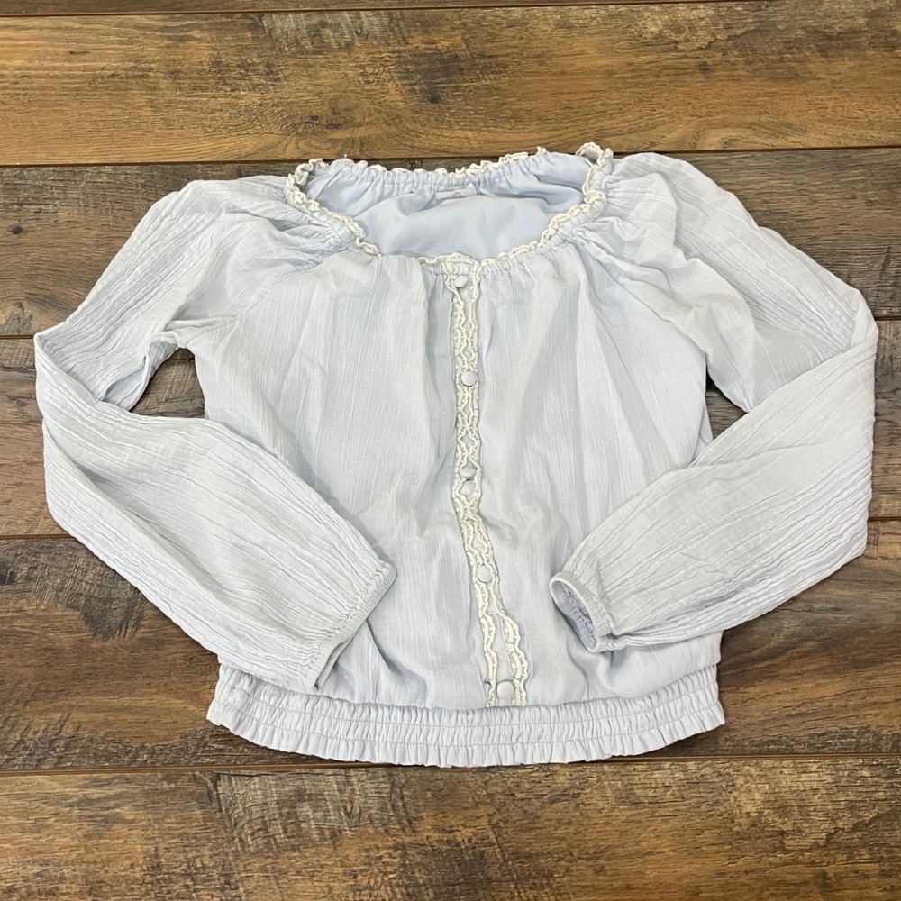 Abercrombie Kids Girls Light Blue Cotton Lace Trim Smocked Waist Top Size 15/16